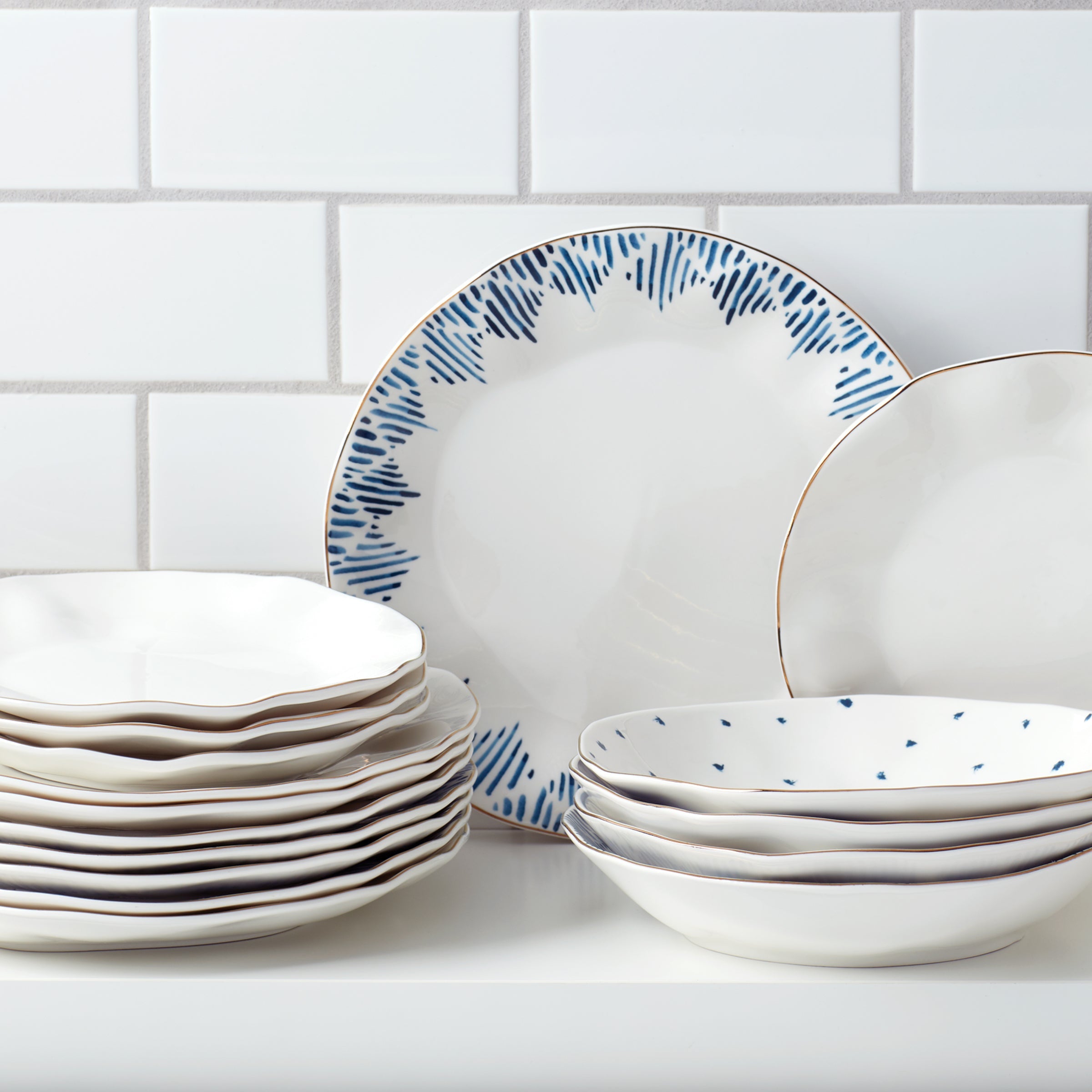 Blue Ikat Porcelain Dinner Plates with Gold Rim, Set of 4 - Image 7